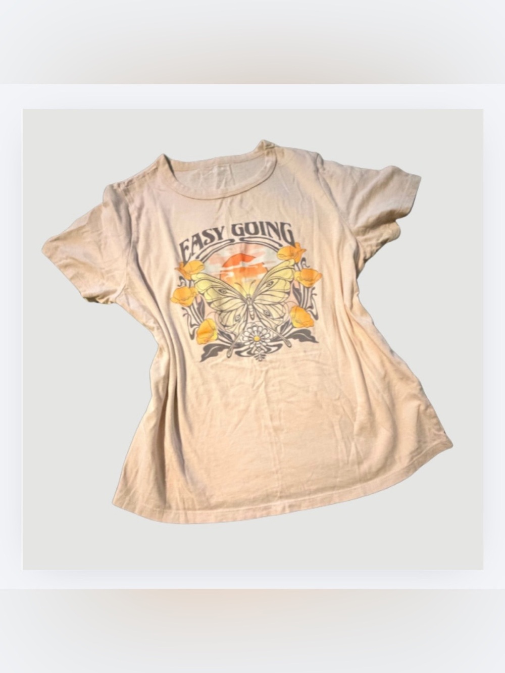 Old Navy Cream Graphic Tee with Yellow Orange Butterfly, Size M